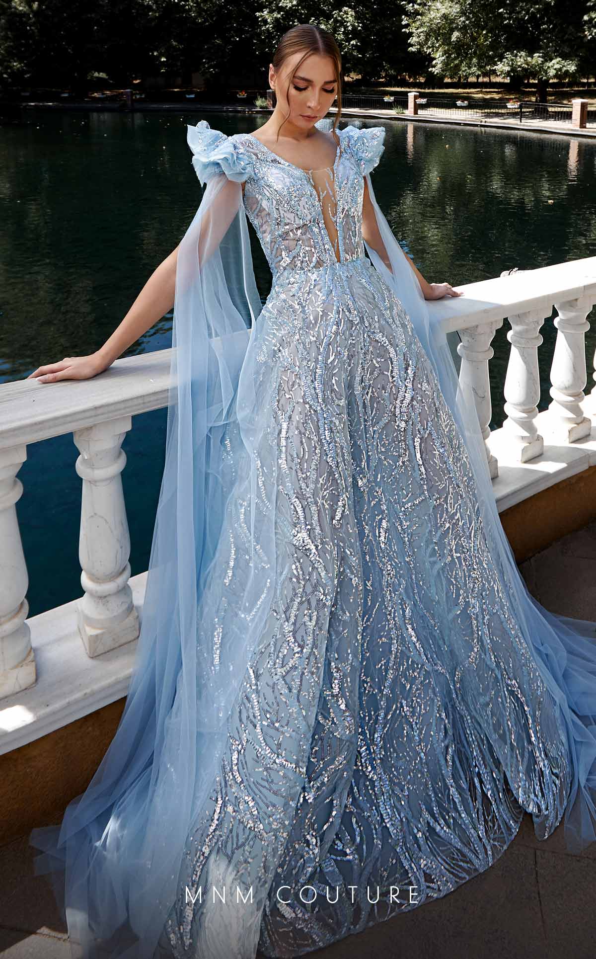 Sky Blue Lace and White Tulle Long Train Formal Gown - VQ