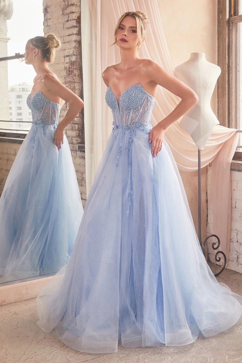 Sky Blue Lace and White Tulle Long Train Formal Gown - VQ