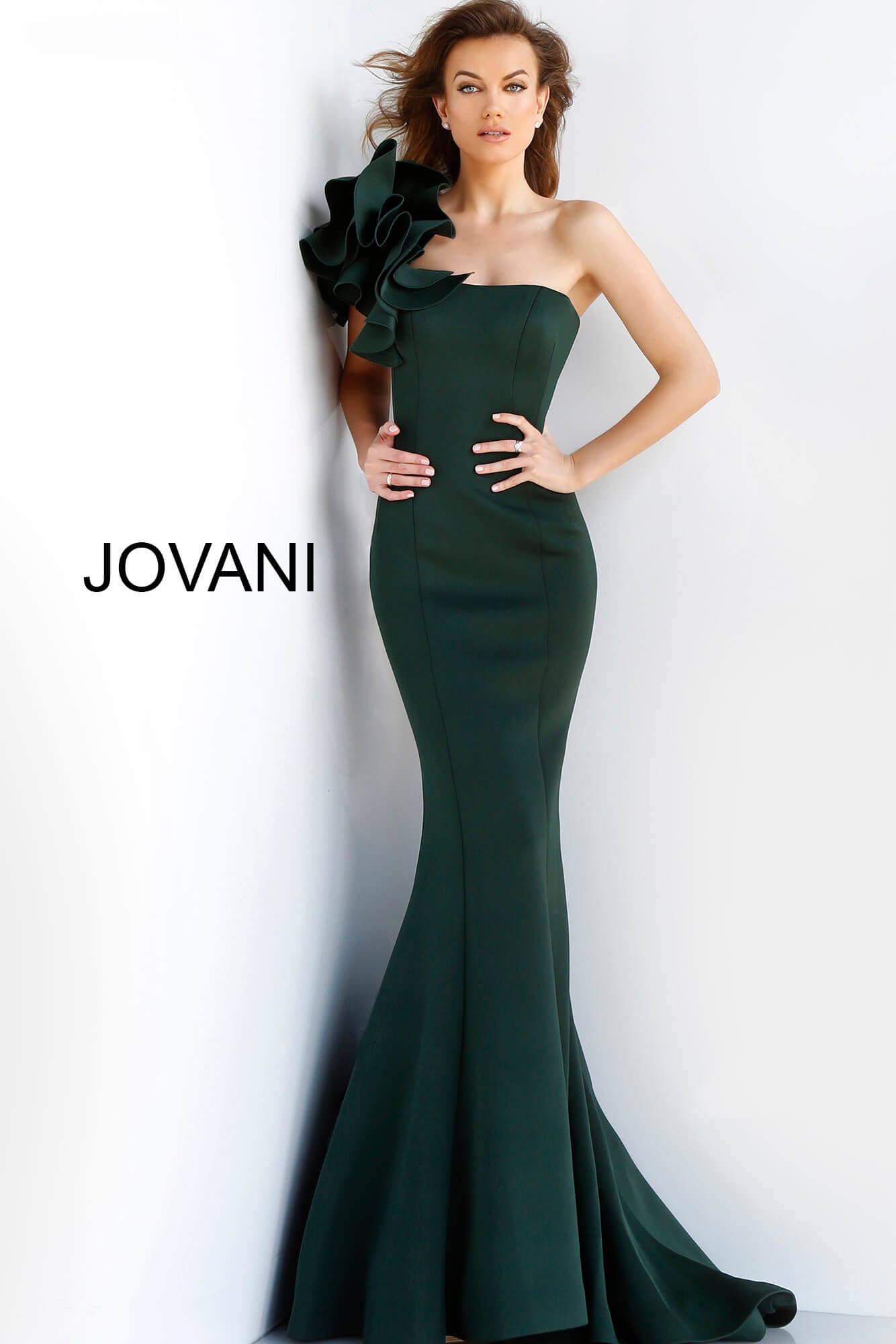 Jovani 37094 Long Prom Dress Corset Embellished Bodice Sheath One Shoulder  High Slit Ruching Side Tail formal Pageant Gown