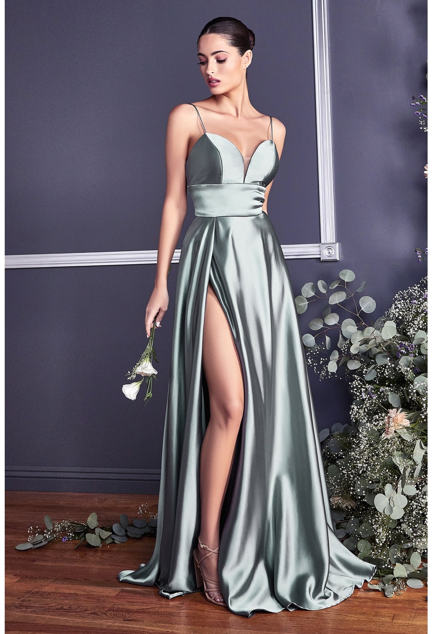 Silver satin formal outlet dress