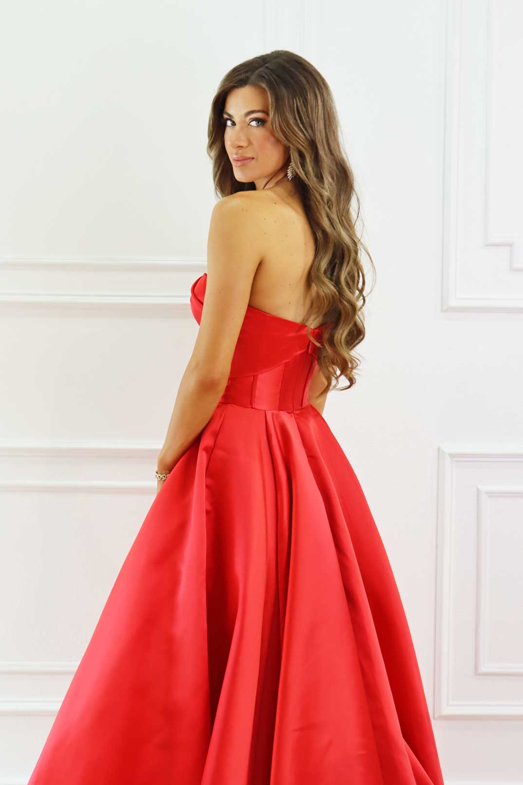 red satin corset bustier dress