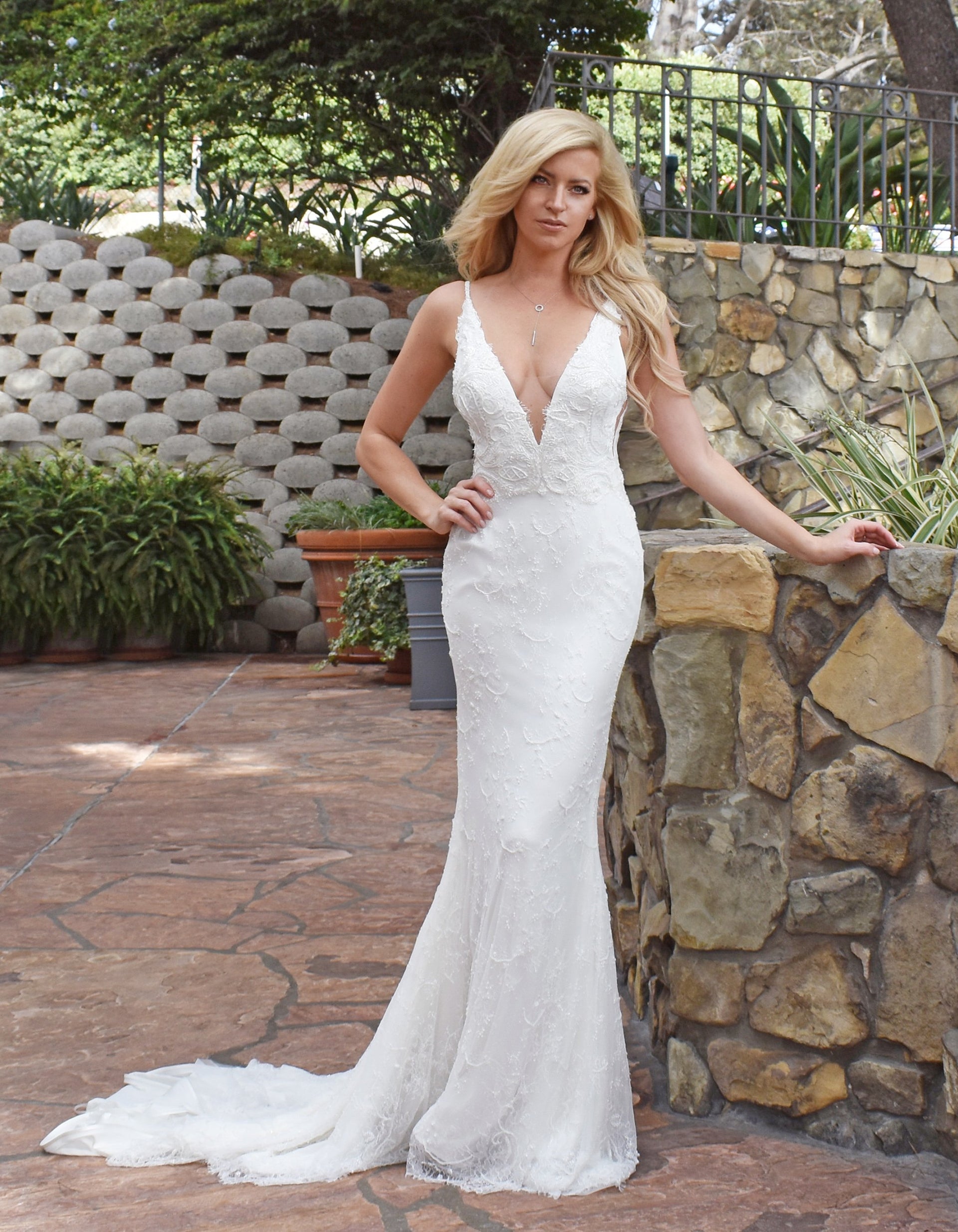 Holland Gown plunging v beaded lace bridal gown – Mia Bella Couture